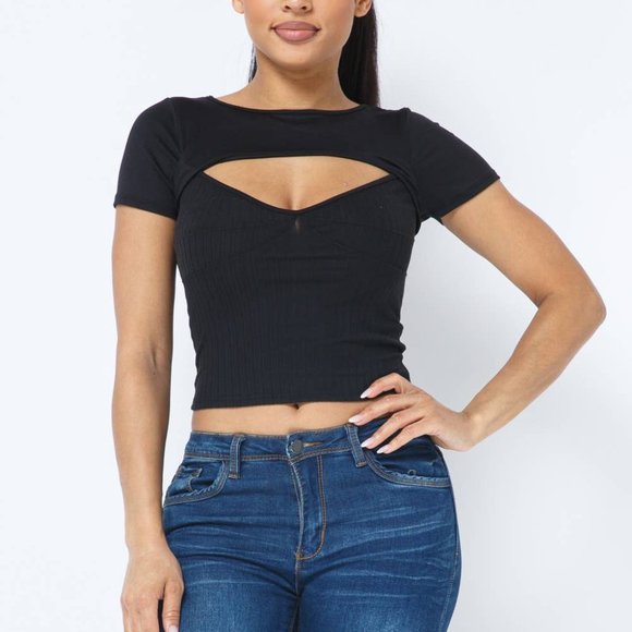 Love J Ribbed Pullover Shrug Cut Out Top--Black - Picture 3 of 6